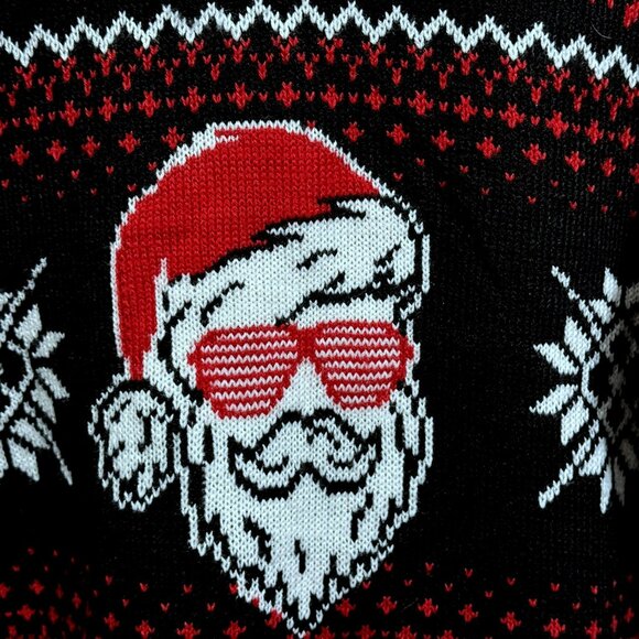 Ugly Christmas Sweater Feliz Navidad Santa Sunglasses Snowflakes Unisex S-M-L - Picture 2 of 6
